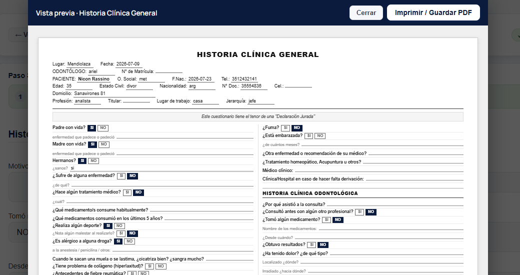 Historia clínica en desktop